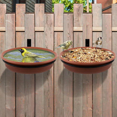 Fence Bird Feeders Tray - 2pcs Tree Mounted Wild Bird Bath for Outdoors Place Food Water, Installed on Deck Wall Stakes with Heavy Duty Iron Ring,