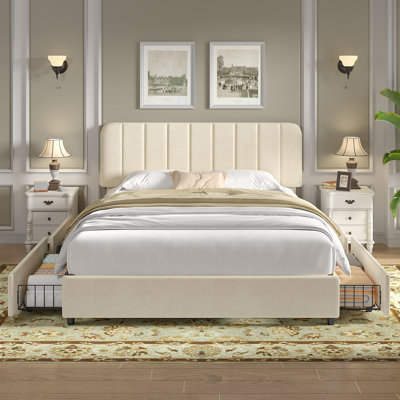 Huntsville Full Storage Bed with 4 Drawers Velvet Upholstered Headboard Beige Platform Bed Frame