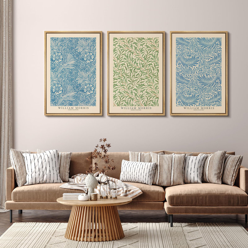 " Botanical Pattern And Crafts Movement Design Nature Landscape Vintage Classic Rustic Art Decor " 3 - Pieces, Natural