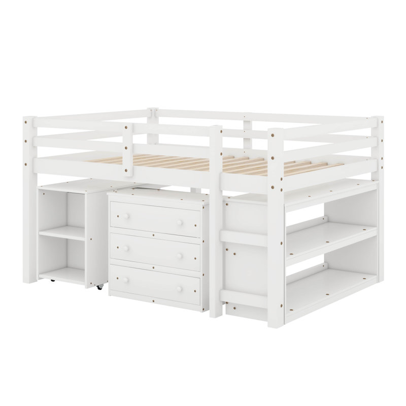 Lit mezzanine bas bas avec commode, tablettes et bureau, lit multifonctionnel, Blanc