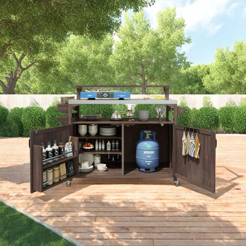 Outdoor Kitchen Island with Stainless Steel Top, Brown