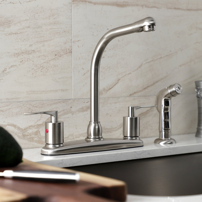 Kingston Brass Serena Two-Handle 4-Hole 8" Centerset Kitchen Faucet with Plastic Side Sprayer, Brushed Nickel