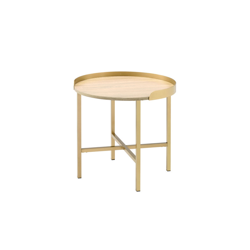 Table de chevet en métal doré avec plateau en chêne résistant et polyvalente