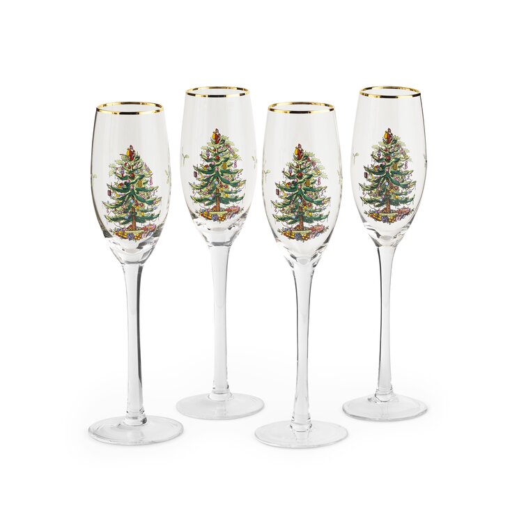 Set of 4 Christmas Tree 12 Oz. Wine Glasses With Gold Trim by