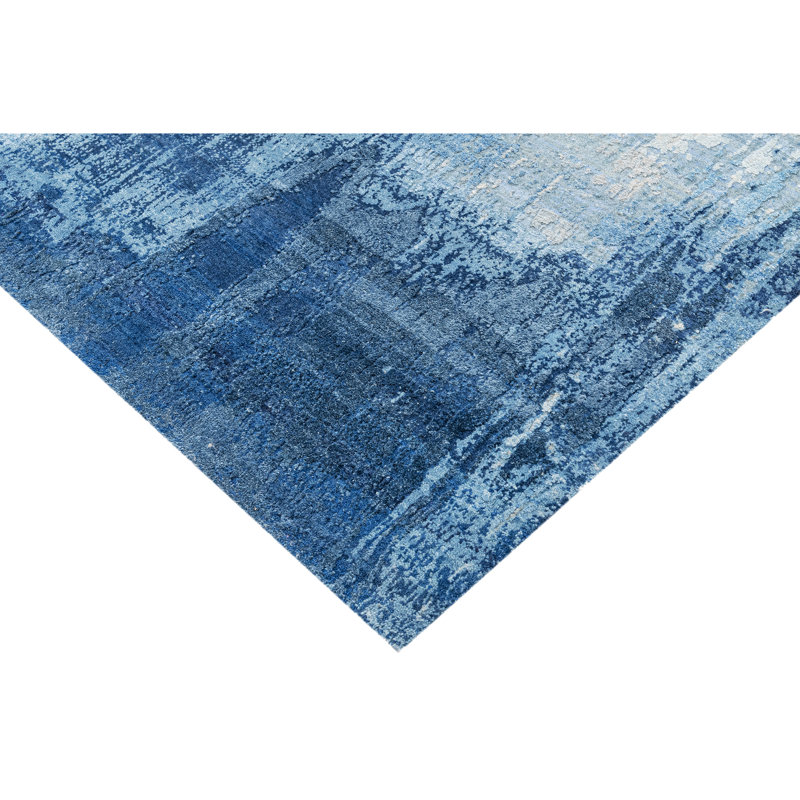 High-Quality Hand-Knotted Blue And Light Blue Area Rug, Rectangle 10' x 14'