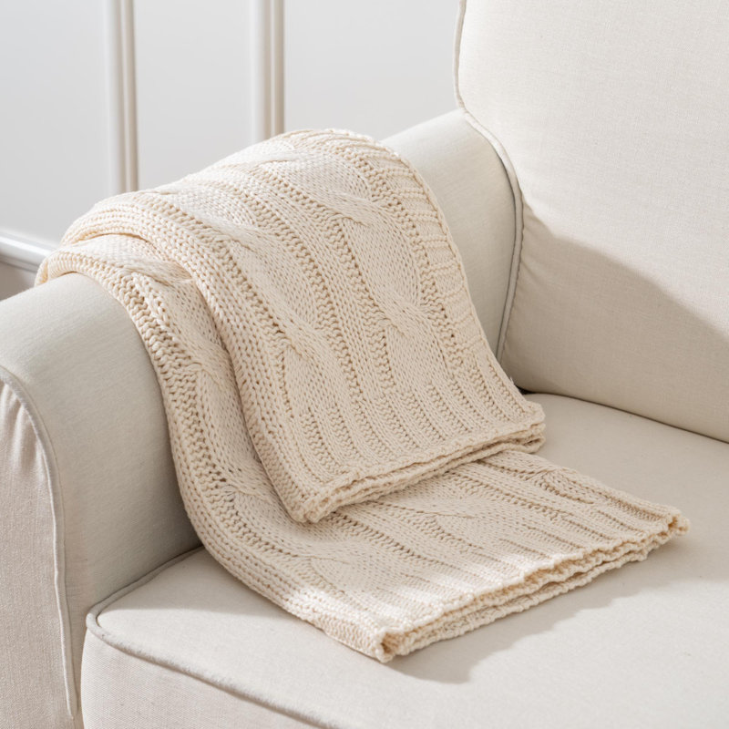 Cream Cable Knit Acrylic Throw Blanket, 50"x60"