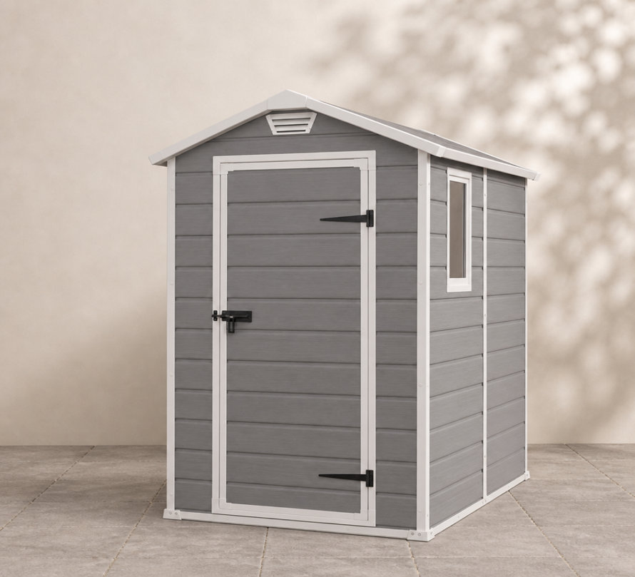 Small grey outdoor garden storage shed with a white frame and door window.