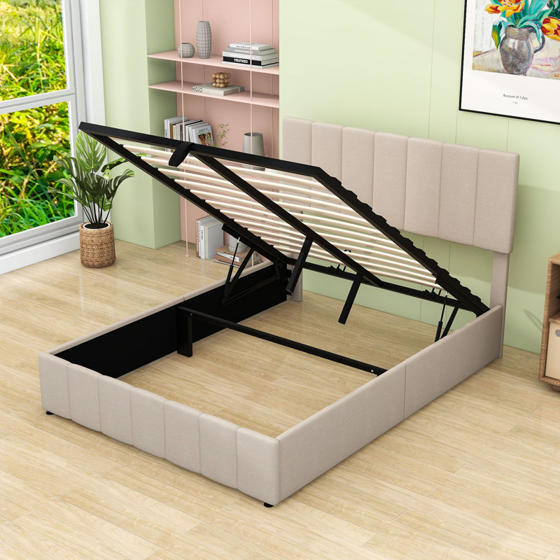 Pearce Upholstered Platform Bed with Storage, Full, Beige