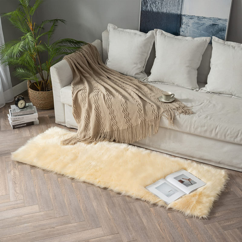 Yellow Shag Faux Sheepskin Fur Rug, Runner 2' x 6'