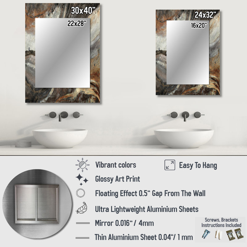 Morning Effervescence II - grand miroir mural abstrait, miroir décoratif gris, impression d'art en métal, 32 po x 24 po