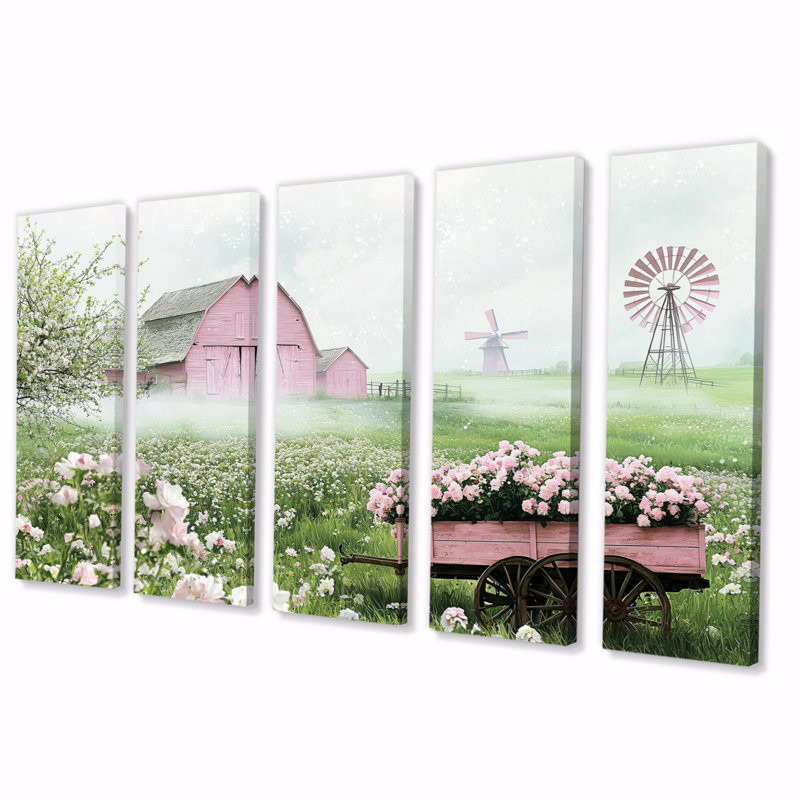 Paysage de ferme en tons de rose et vert I - ensemble d'art mural sur toile, H 28 po x l 60 po