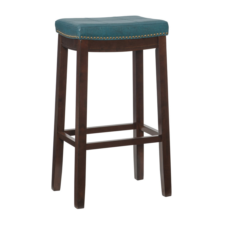 Bartonville Counter & Bar Solid Wood Backless Stool with Upholstered Seat, Blue Faux Leather/Dark Brown