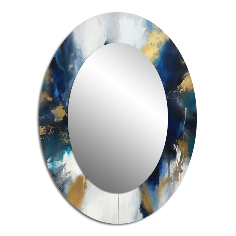 Indigo Awakening Abstract In Blue And Gold - Modern Oval Wall Mirror, 40" x 30"