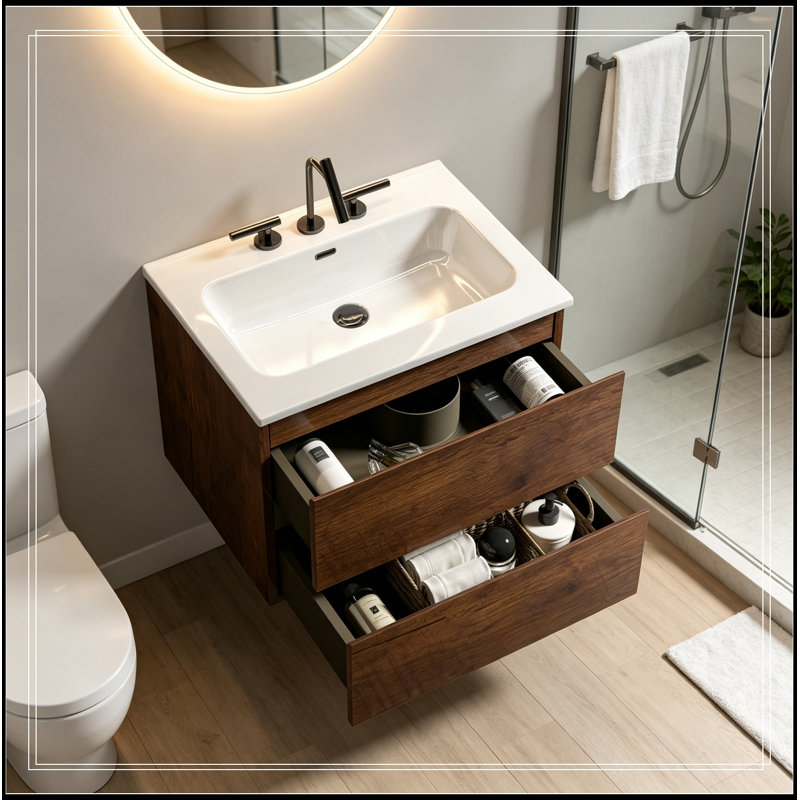 Meuble-lavabo flottant avec lavabo et 2 tiroirs, Walnut
