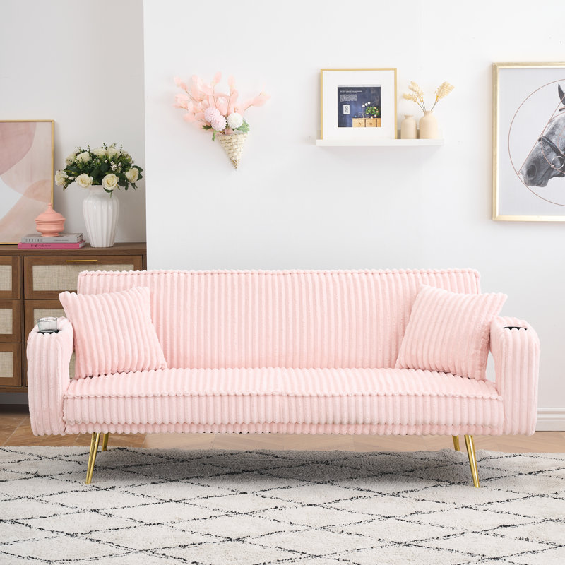74-inch corduroy 3-speed convertible sofa bed with two throw pillows and cup holders on the armrests. It is perfect for living rooms, apartments and bedrooms