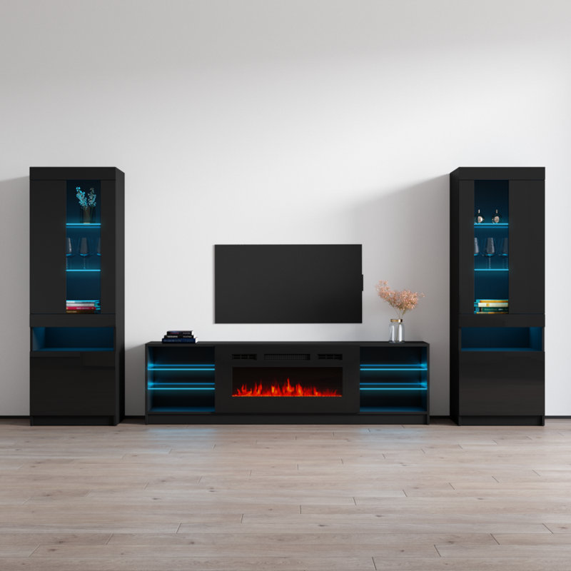 Delaine Entertainment Center for TVs up to 88" with Electric Fireplace Included, Black