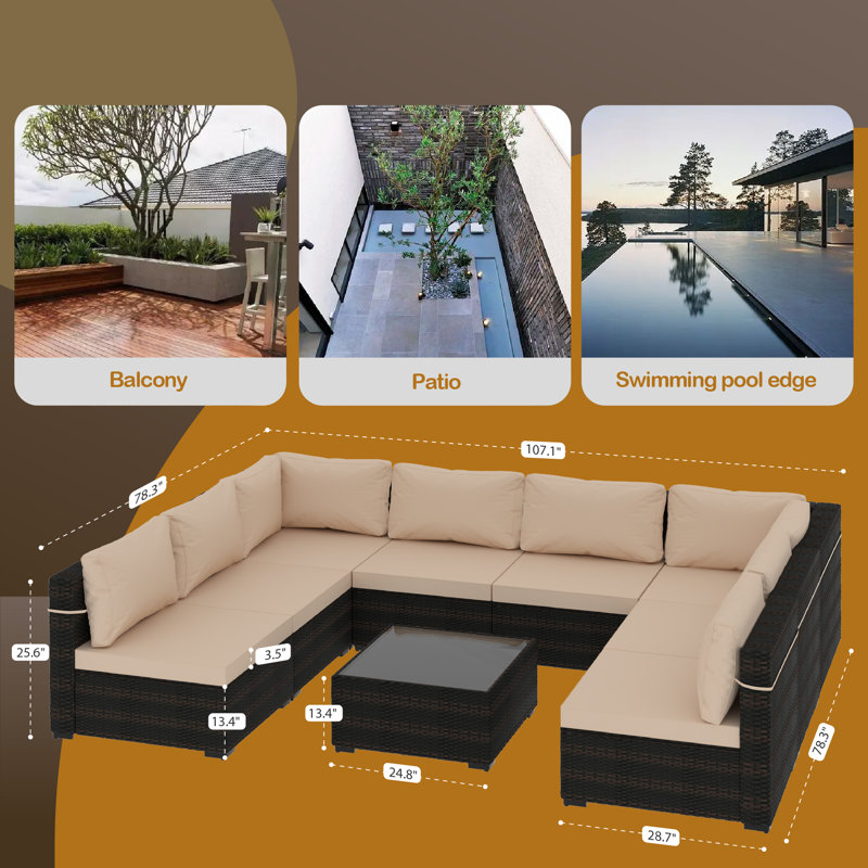 Rosaelena Wicker 8 - Person Modular Patio Conversation Set with Cushions, Beige, Brown