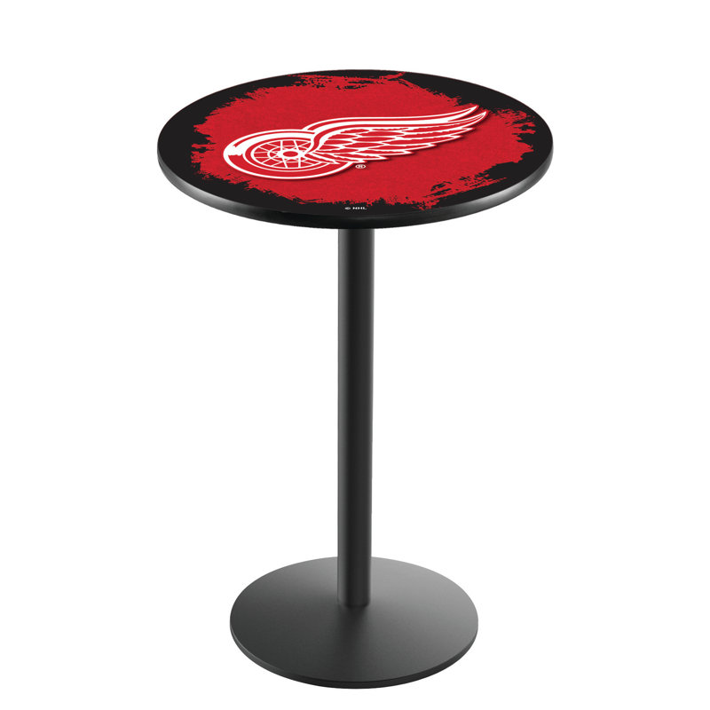 NHL Round Metal Base Dining Table, Black Wrinkle, Detroit Red Wings