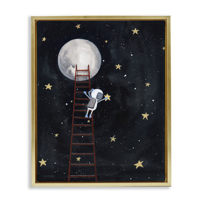 «Astronaut Hanging Stars Outer Space Ladder to Moon Metallic Gold», art mural encadré flottant par Rachel Nieman