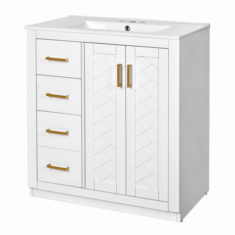 Ensemble de meuble-lavabo 30 po avec lavabo en céramique, armoire de rangement en bois massif, ensemble de meuble-lavabo autoportant avec 3 tiroirs et portes à fermeture douce