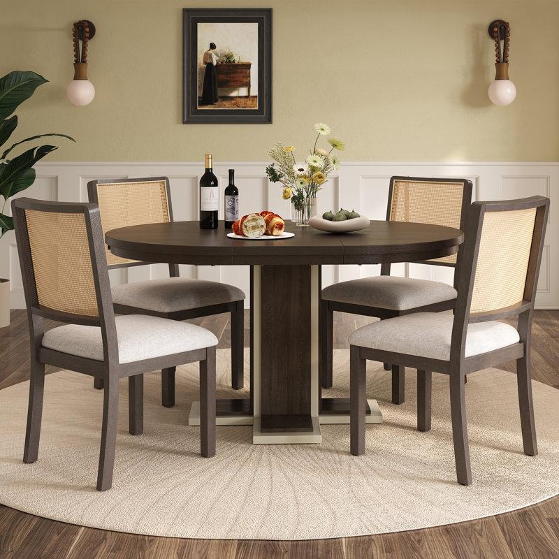Round Dining Table For 4 With Chairs Set, Extendable Dining Table Set With 16" Removable Middle Leaf 5 Piece Retro Dining Table Set Double Layer Design For Kitchen Dining Room