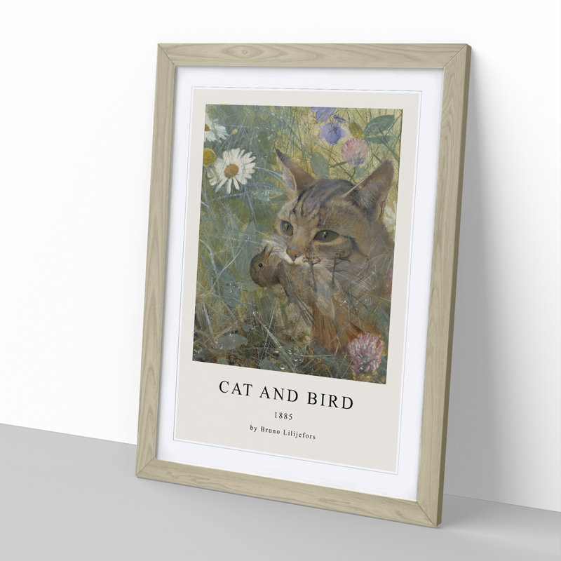 A Cat with a Bird in Its Mouth by Bruno Liljefors - Picture Frame Painting, 36cm H x 27cm W x 2cm D, Oak Framed