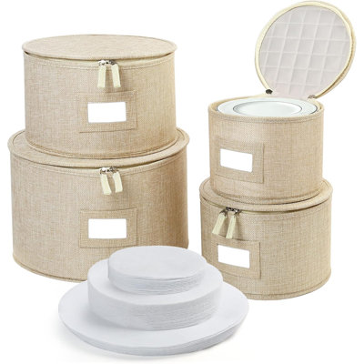 Boîte de rangement en porcelaine, coque rigide, ensemble de 4 pièces, boîte de rangement pour vaisselle, indispensable pour le déplacement, ensemble de salle à manger empilable, avec 48 cloisons en feutre, couleur beige