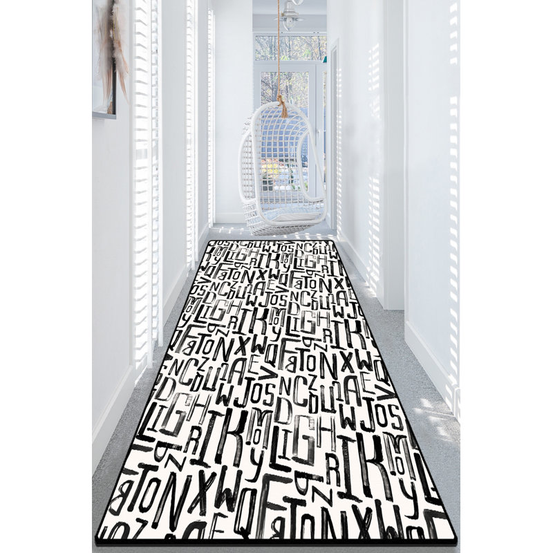 Tapis blanc / noir en polyester tissé à plat à la main Dzimitry, Rectangle 3 pi 3 po x 5 pi 3 po