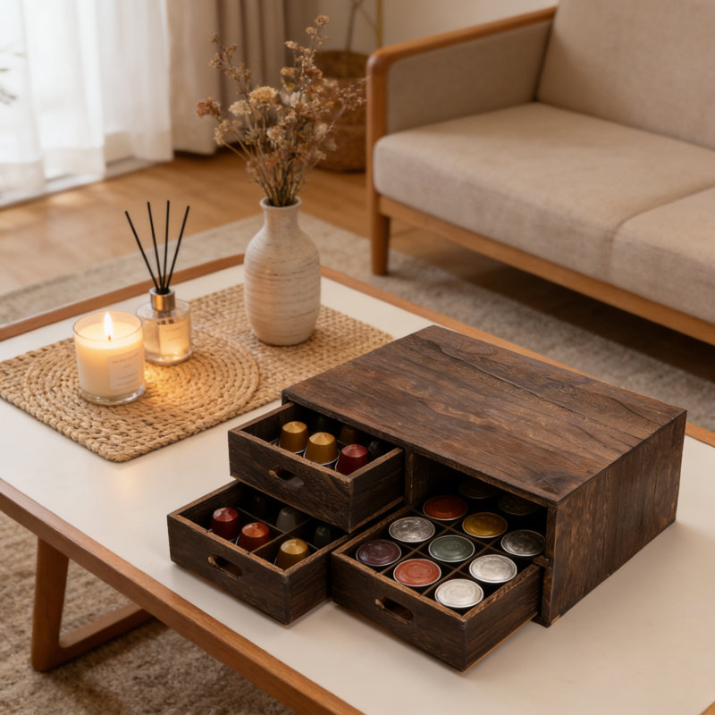 Organisateur de capsules de café en bois avec 3 tiroirs réglables, base en silicone antidérapante, support à dosettes K-Cup universel pour comptoir de cuisine et rangement pour bar à domicile