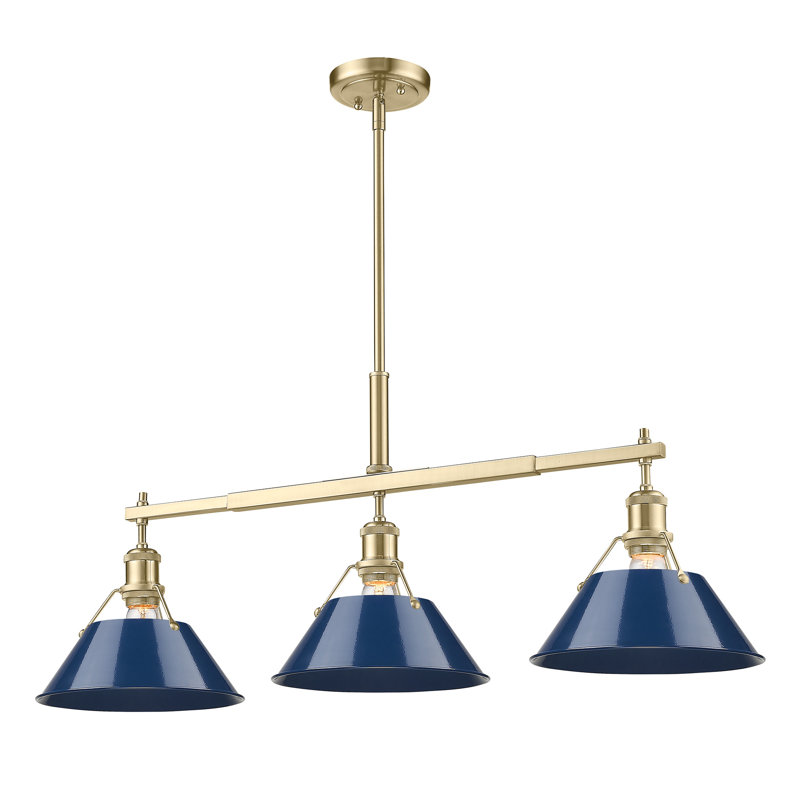 Luminaire suspendu linéaire à 3 lumières pour îlot de cuisine Weatherford, Brushed Champagne Bronze, Bleu marine mat