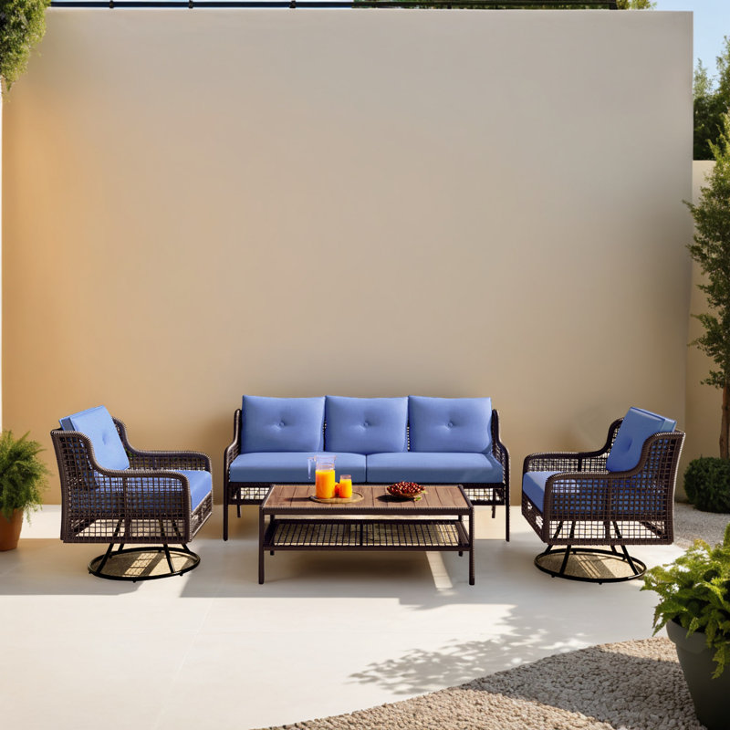 Ensemble de canapé d'extérieur en rotin avec coussins 4 pièces, Coussin bleu / cadre brun foncé