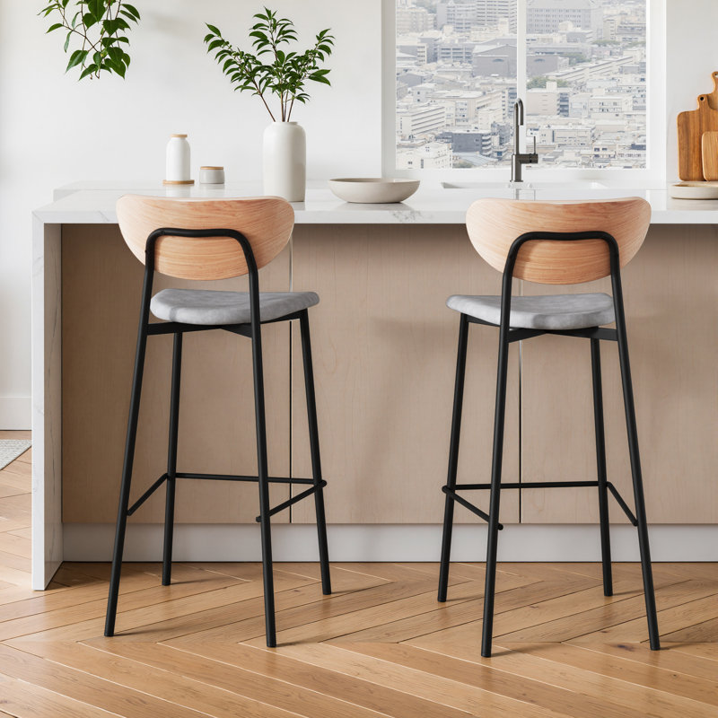 Bar & Counter Stool, Bar Stool (30" Seat Height), Gray Leather/Natural Frame