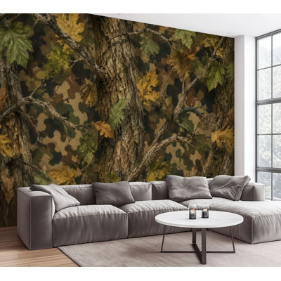 Wall Mural Peel and Stick Wallpaper Real tree forest camouflage seamless design for hunting military Self-Adhesive Removable Contact Paper Wall Decor for Living Room Bedroom 100"H x 144"W