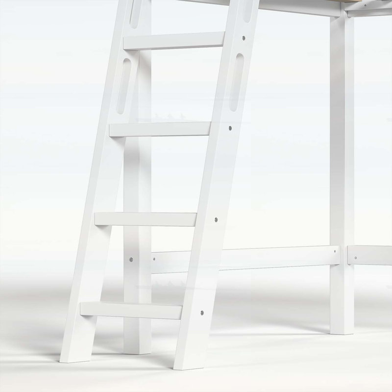 Lit mezzanine simple en bois massif avec garde-corps pleine longueur, échelles et grand espace sous le lit, rose et blanc