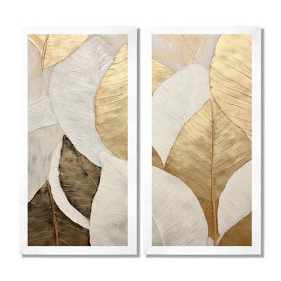 Gold Minimalism Leaves Collage - Leaves Canvas Art, Gold Floral Wall Art Set Of 2