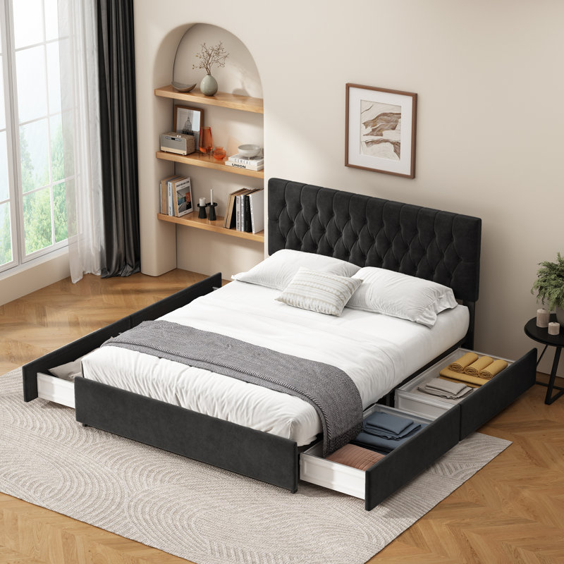 Lit avec rangement tapissier 4 tiroirs, Noir, Grand