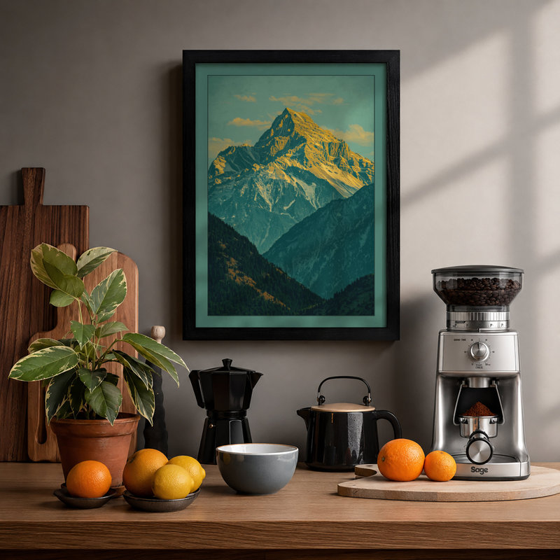 Mountain at Sunrise Scandinavian - Framed Print, A4 - 29.7 x 21.0 cm, Black