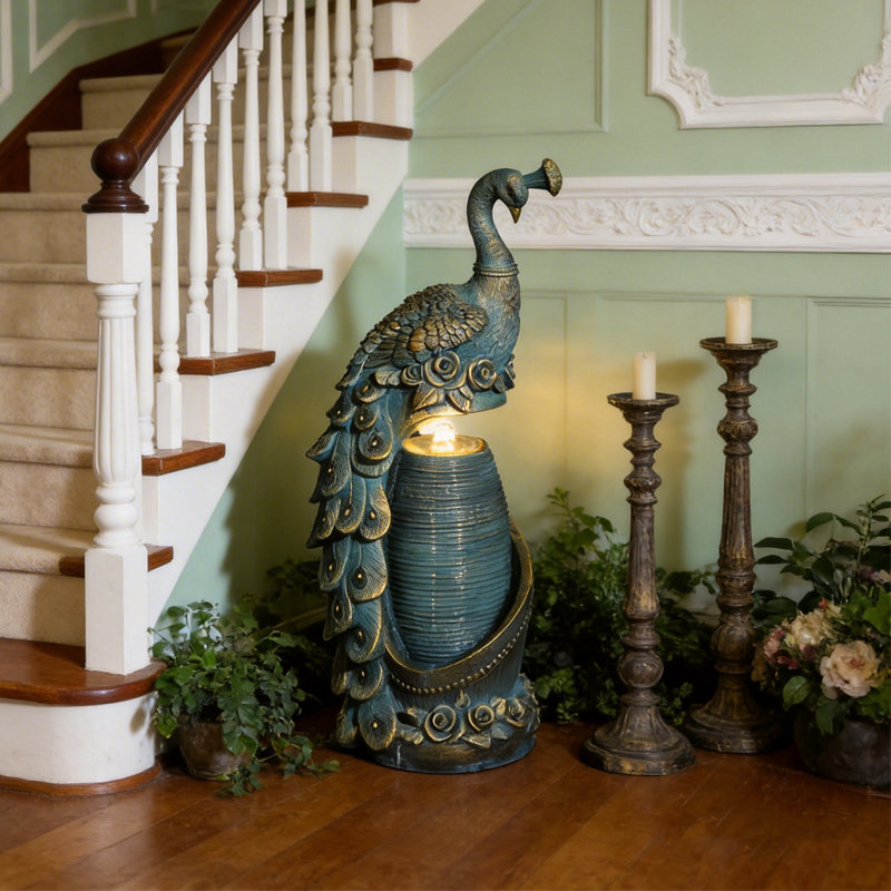 Peacock Sculpture Water Fountain with LED Lights, 31.5" Tall Freestanding Resin Cascading Water Feature for Indoor Outdoor Garden Decor