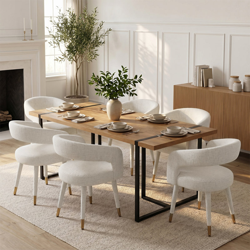 Modern 79" Rectangular Dining Table Set With 6 Upholstered Arm Dining Chairs, Offwhite
