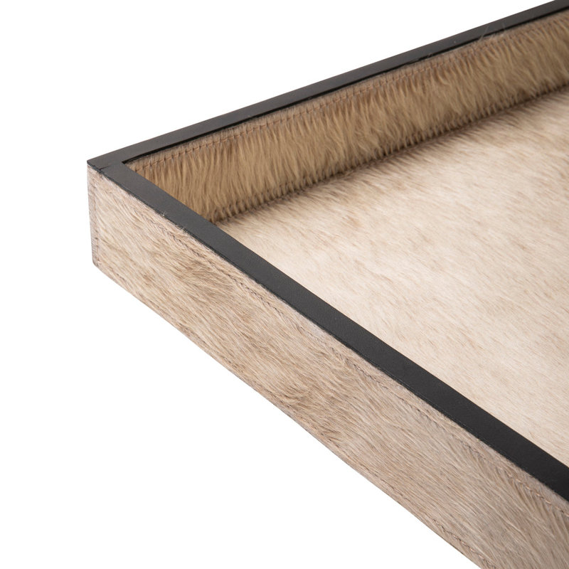 Cream Cow Hide Rectangle Tray With Black Leather Trim - Large,  2.5" H x 23.5" W x 15.75" D