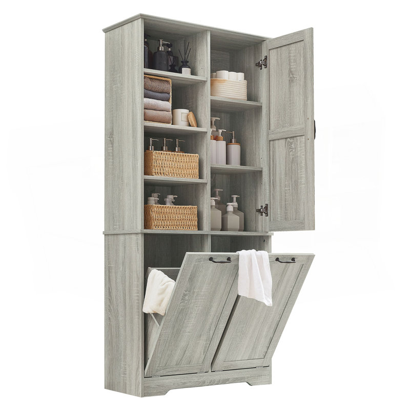 Armoire de rangement pour salle de bain avec portes et tiroirs, panier à linge inclinable, plusieurs espaces de rangement, style autoportant, tablette ouverte, tablette réglable