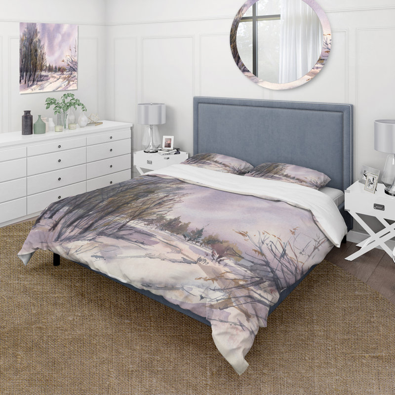 Paysage d'hiver avec des tons de neige mauves - Ensemble de housse de couette traditionnel - Microfibre de polyester