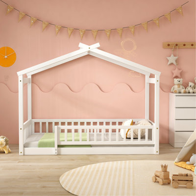 Structure de lit simple en bois avec clôture, pour enfants, adolescents, filles, garçons, blanc