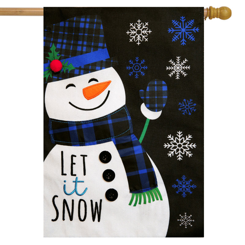 Blue Checkered Snowman Burlap House Flag