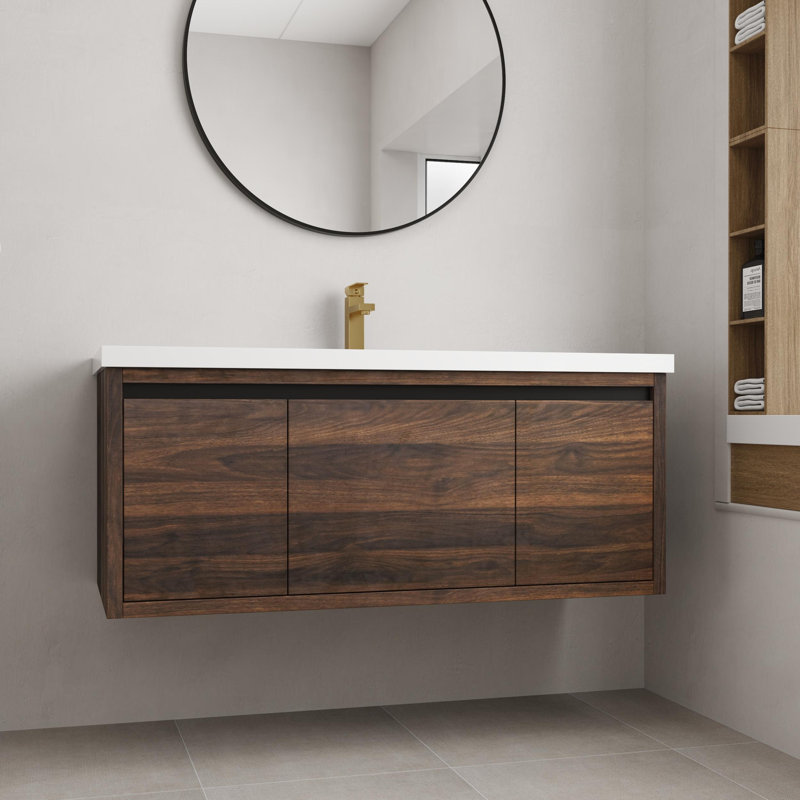 Ensemble de meuble-lavabo mural simple 48 po avec 2 portes et 1 tiroir, Noyer de Californie