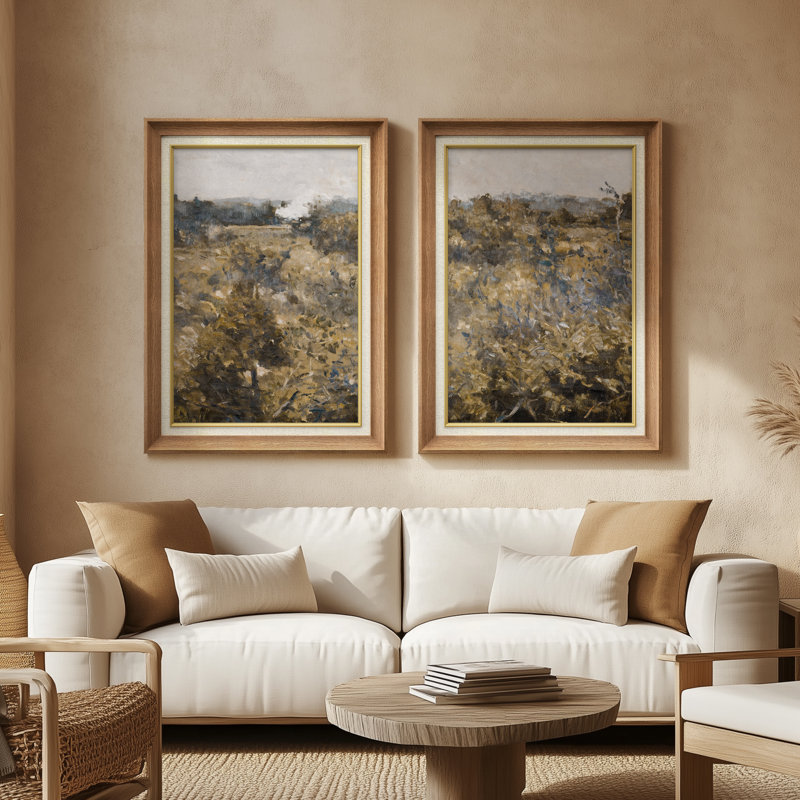 «Rustic Meadow Field Earth Tone Landscape», ensemble de 2 reproductions d'art encadrées de qualité supérieure sur papier 26 po x 36 po