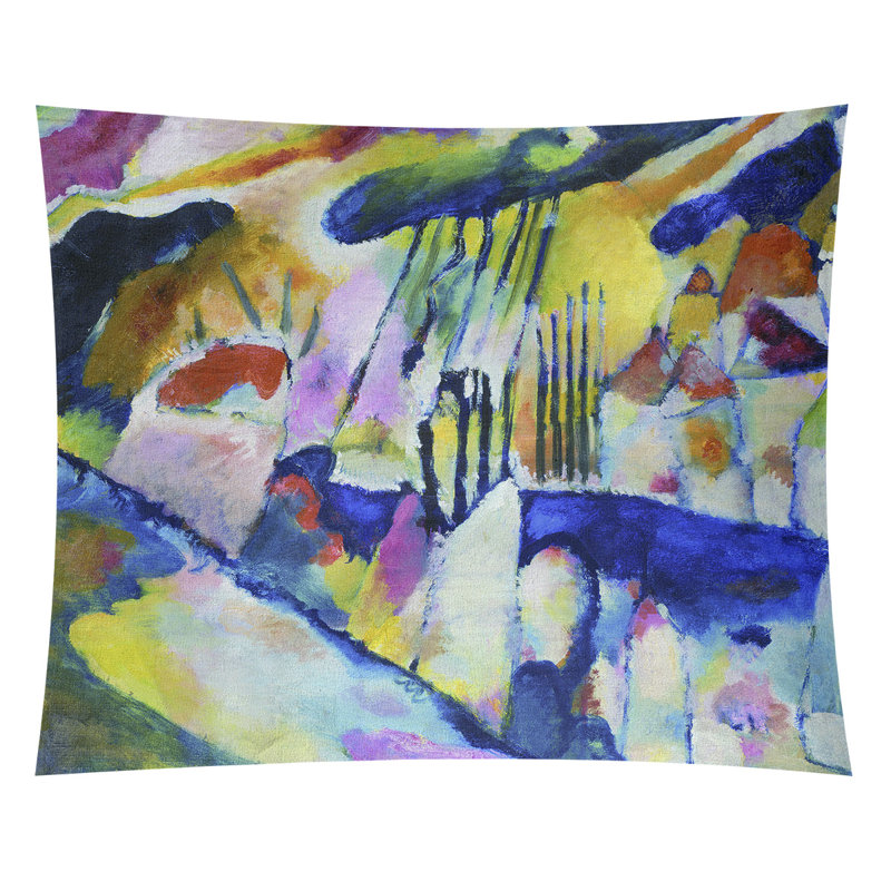 Tapisserie murale paysage avec pluie Lepley, H 27,5 po x l 37,5 po, Bleu / Jaune / Ivoire