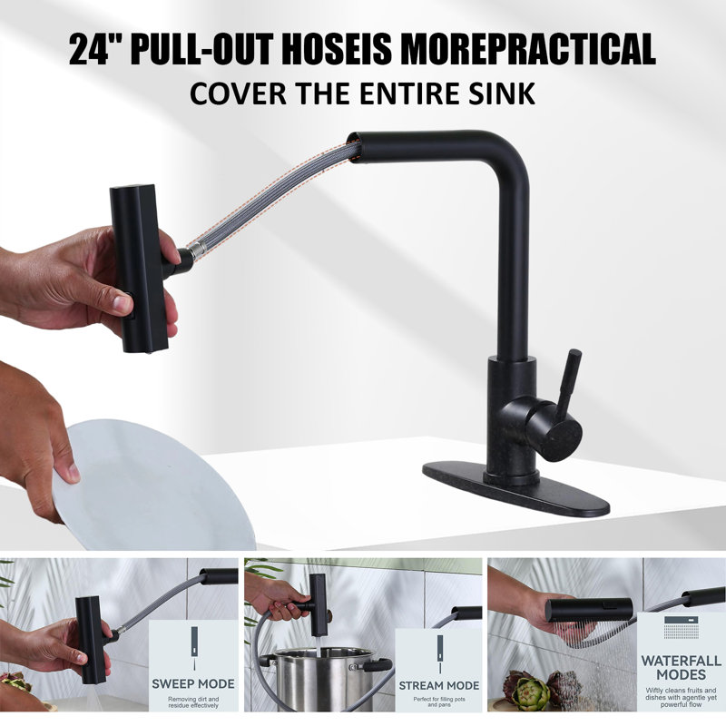 Pull-Down Spray Kitchen Faucet, Waterfall Kitchen Faucet, 3 Modes (Waterfall/Stream/Spray), Deck-Mounted Kitchen Faucet
