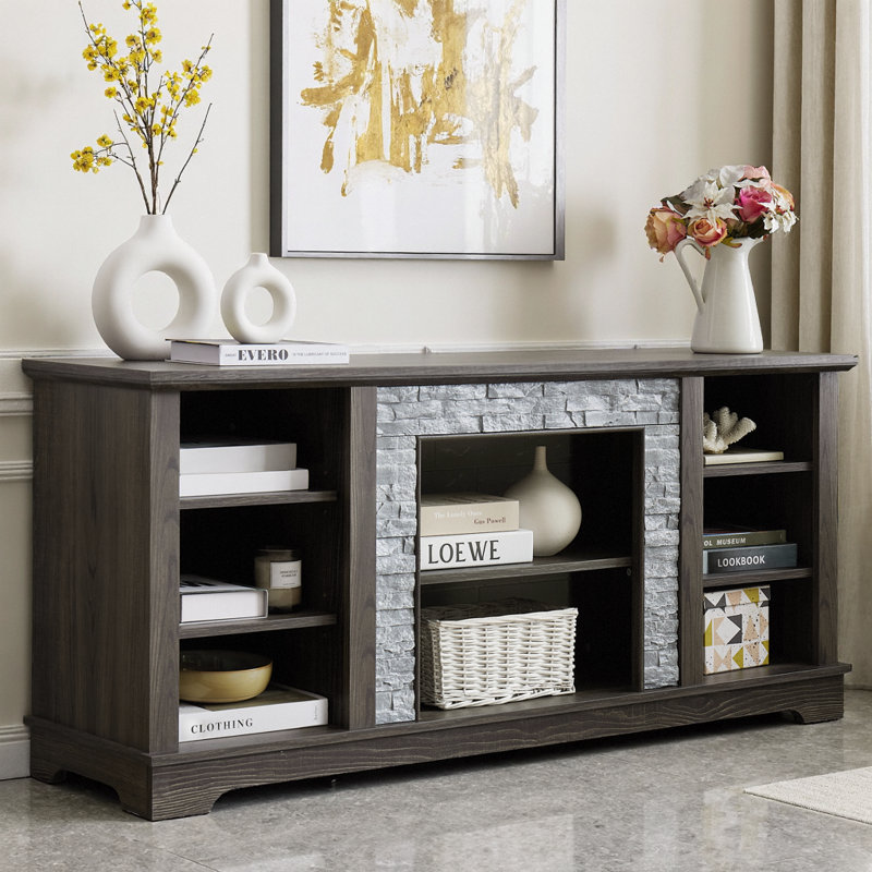Mantel Stone TV Media Stand with with Faux Stacked Stone Surround, Modern Entertainment Console with Open Storage Space,Grey, 58.31"W*15.39"D*26.06"H