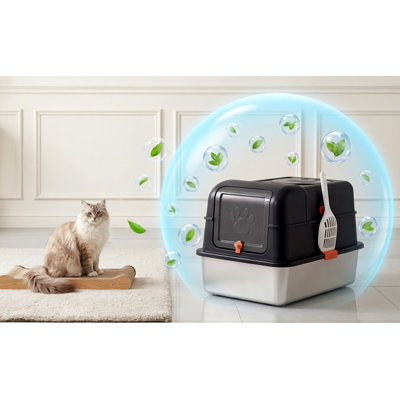 Bac à litière en acier inoxydable pour chien avec couvercle, entièrement fermé, à haut rebord, entrée et sortie par le haut, résistant aux fuites, pelle incluse, idéal pour les maisons de grande taille et multi-chats, noir